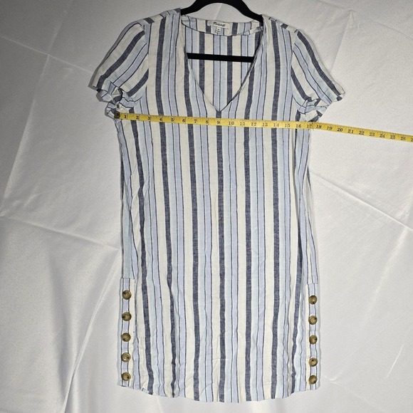 Madewell Women's XS Linen Shift Dress Blue White Stripe V-Neck Side Buttons - Picture 6 of 7